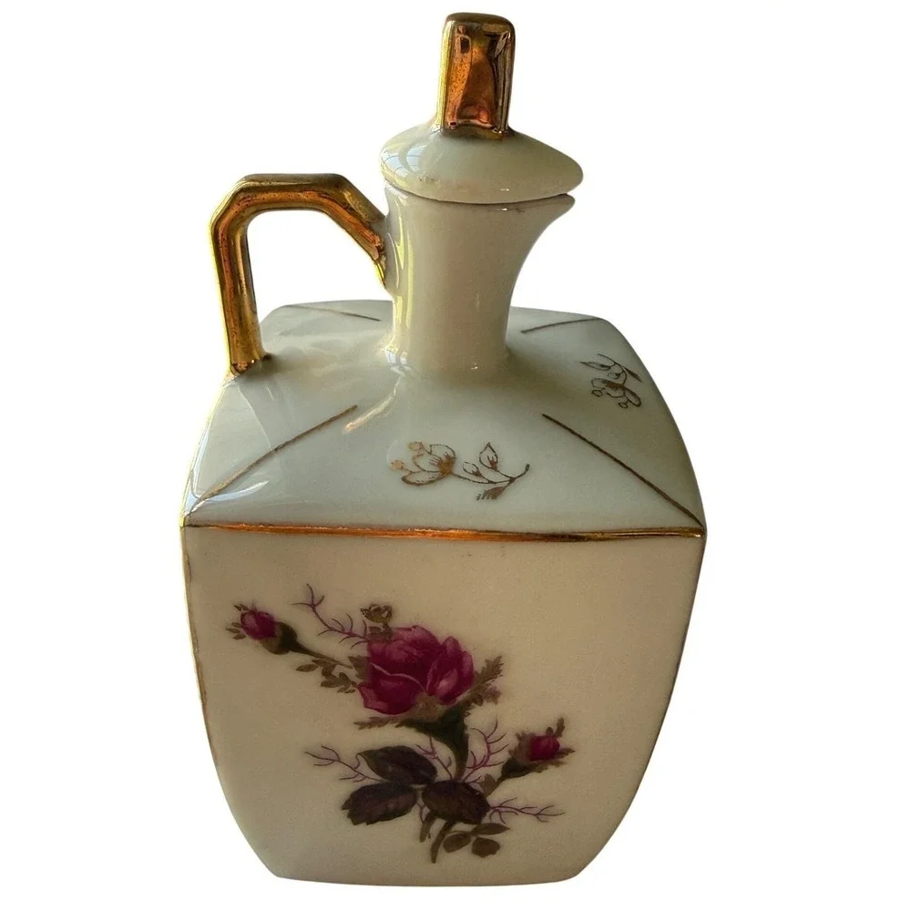 Vintage Porcelain Vanity Bottle Gold Handle Stopper Japan Floral Grandmillennial